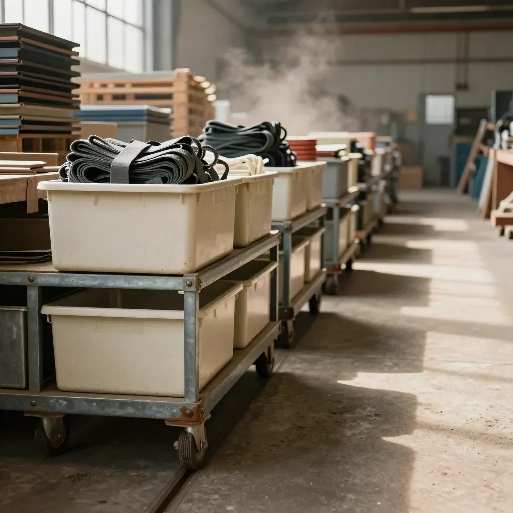 Workshop lane cleared with nested trolleys, aligned bins and drifting dust in soft daylight.