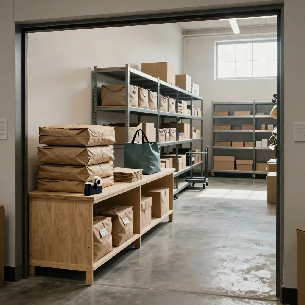 Calm retail stockroom with courier bags, tidy bench, and organized shelving