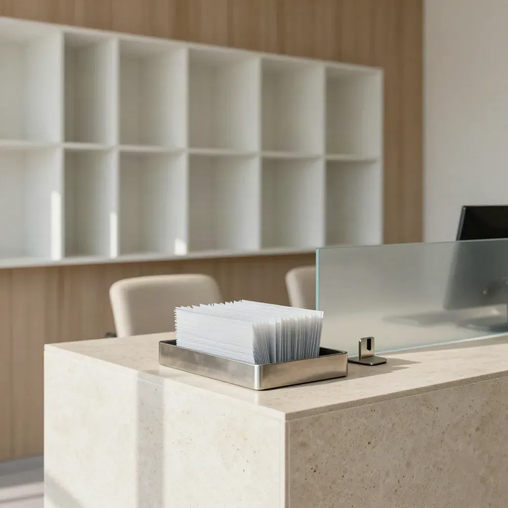 Clinic reception with white cubbies, handover tray and empty waiting chairs in soft daylight.