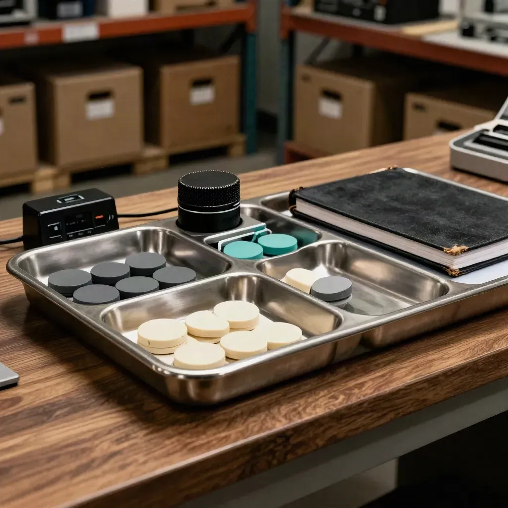 Operations tray with timer, route tokens and notebook on a warehouse bench in dramatic light