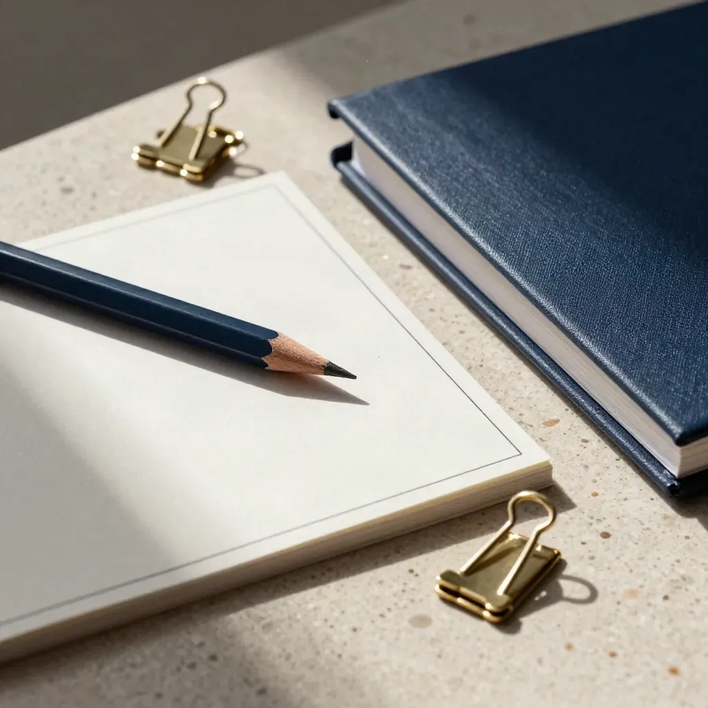 Macro of strategy cards, pencil stub, brass clips and notebook on travertine.
