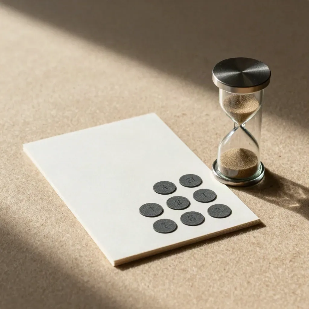 Facilitation cards, vote dots and a sand timer on pale felt, softly lit in a resolved workshop arrangement.