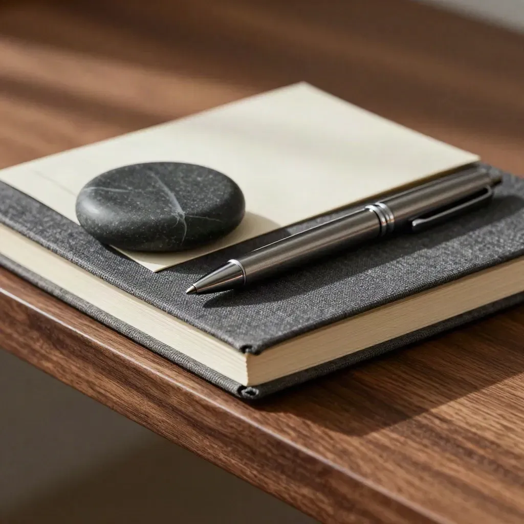 Charcoal notebook, stone paperweight and capped pen on a walnut shelf with soft side light.