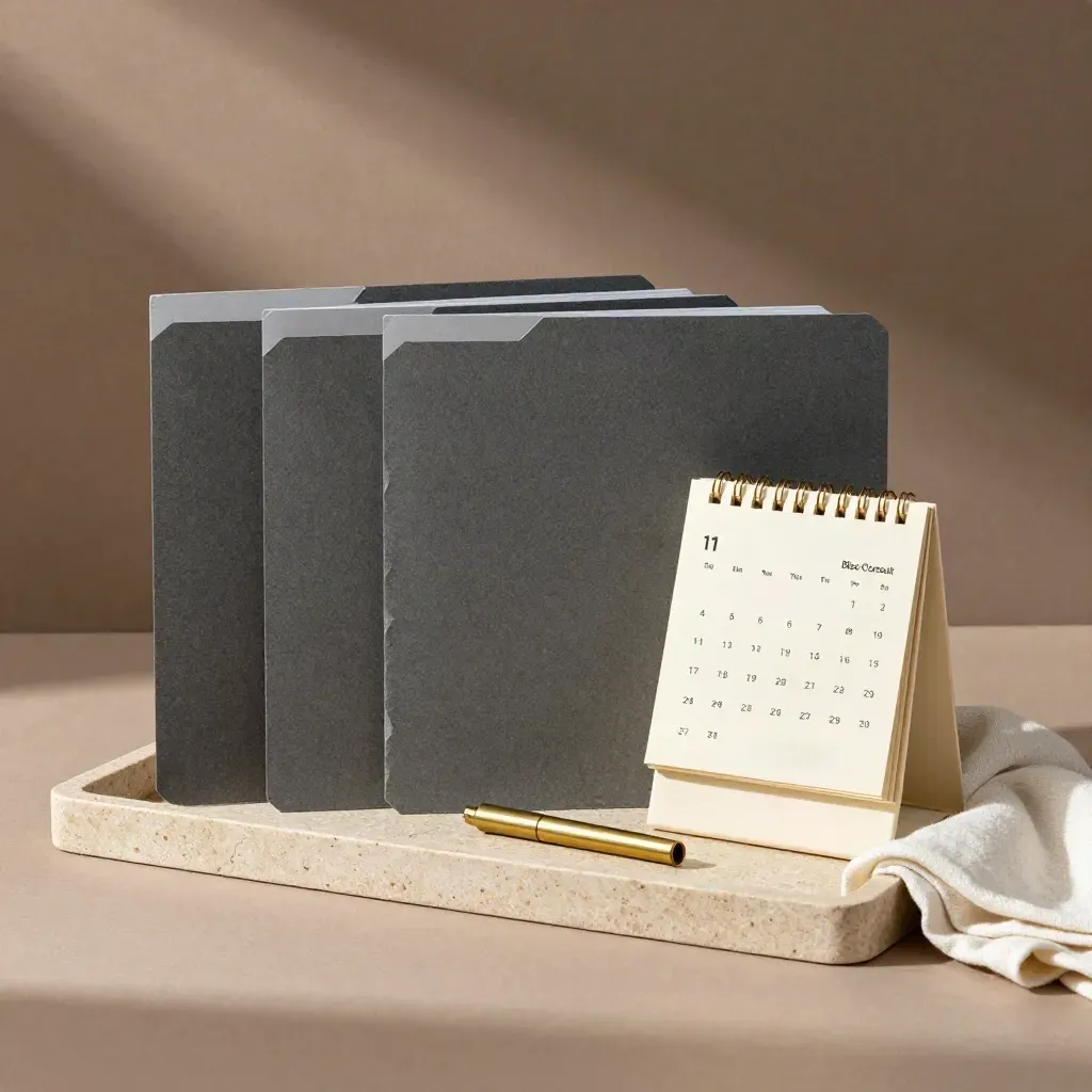 Slate folders, shut desk calendar and brass clip on limestone tray with folded cloth.