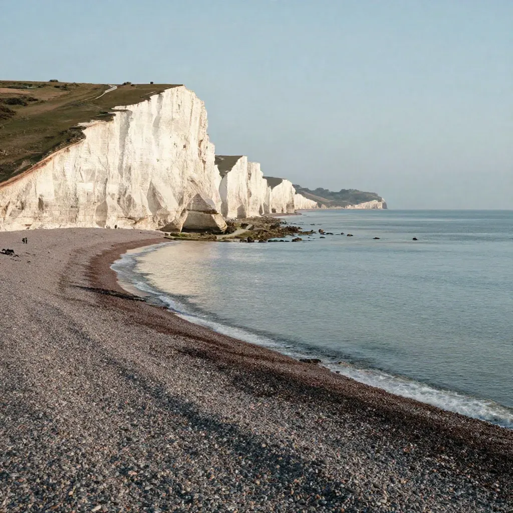 Brighton cliffs above a calm pebble shore in warm morning haze