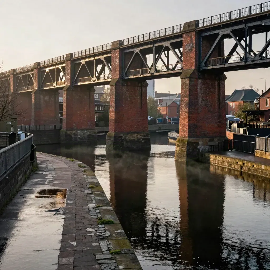 Birmingham canal basin and iron viaduct above still water in evening haze.